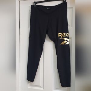 Reebok Women's Black Leggings with Metallic Gold Logo, Size Large